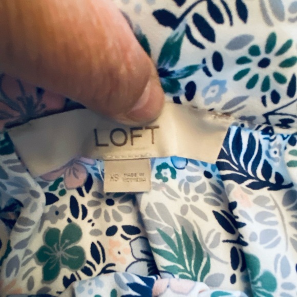 LOFT White and Blue Smocked Cap Sleeve Blouse - Picture 3 of 5